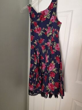 Betsey Johnson Navy Floral Midi Dress with Pink & Red Roses